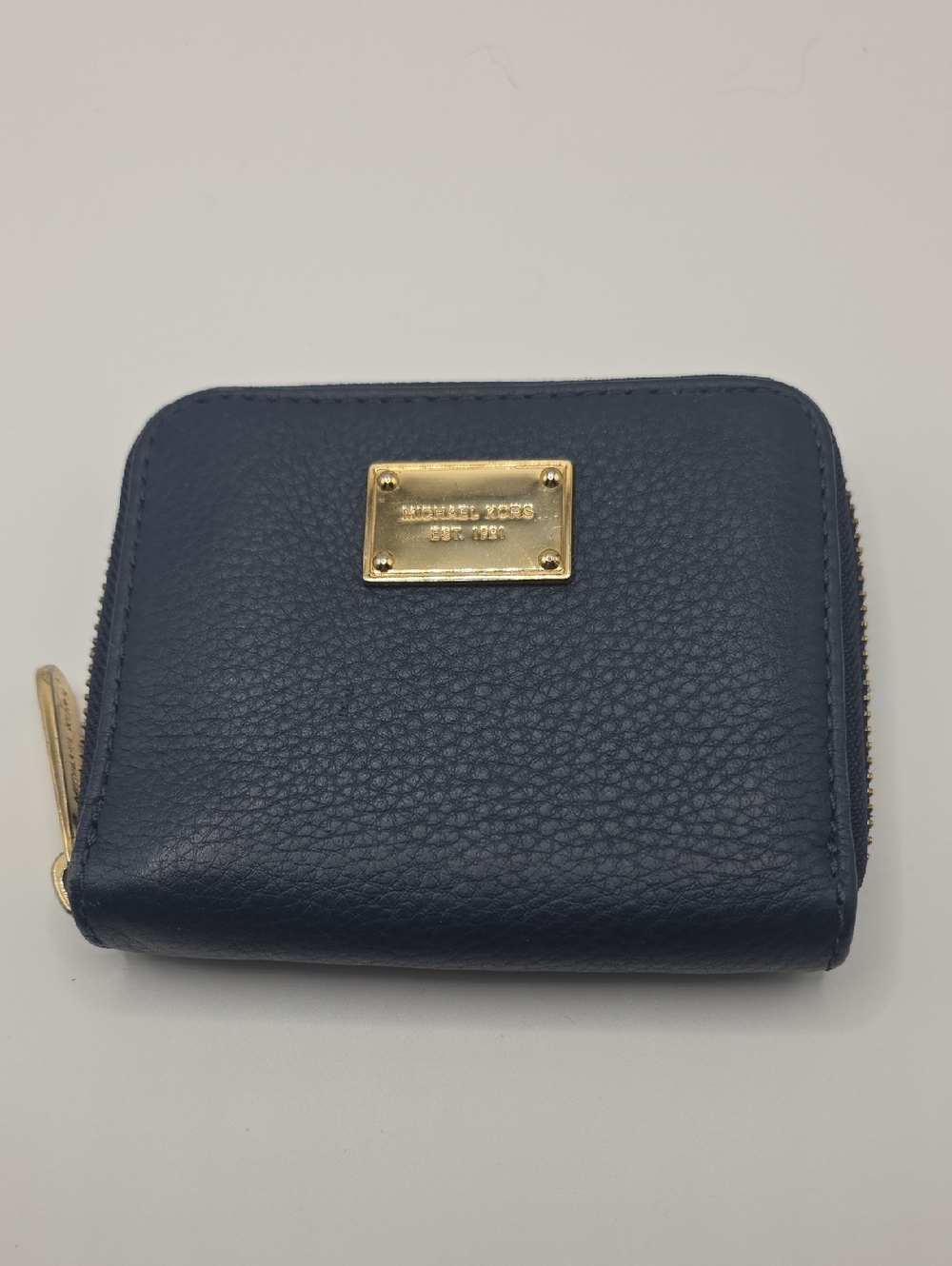 Michael Kors Navy Blue Leather Zip Wallet with Gold Plaque